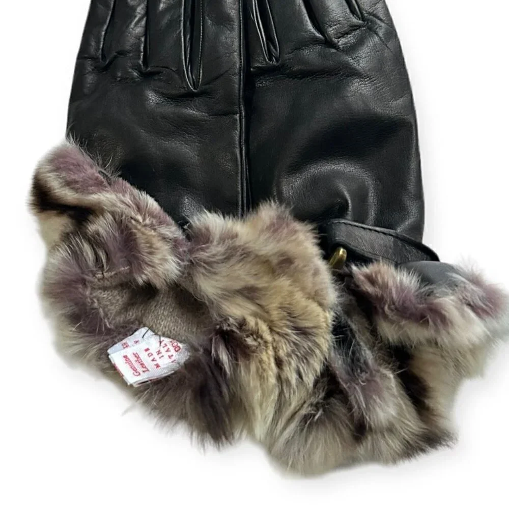 Sermoneta Leather Cashmere Lined gloves with Rabbit fur Trim size 7.5, Black NWT